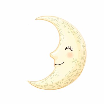 Cute crescent moon with sleeping face isolated on white background