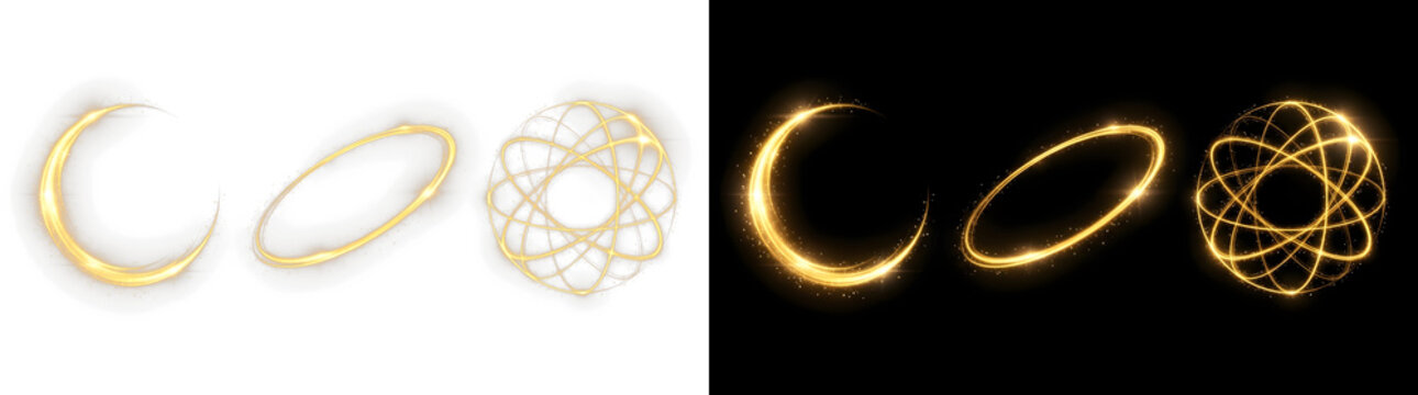 Glowing golden light rings with sparkling dust trails and magic circular motion effects presented as isolated design elements on transparent background