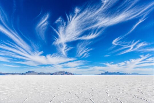 Vast salt flat under wispy cloud patterns and blue sky