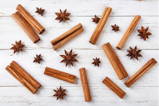 Cinnamon sticks and star anise scattered on white wooden surface