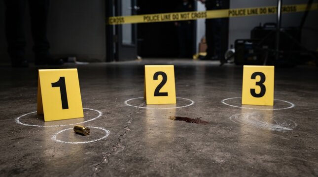 Crime scene investigation with bullet casing, blood stain, and numbered evidence markers