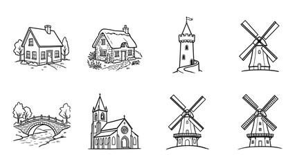 Fototapeta premium Set of black and white line drawings of various buildings and structures