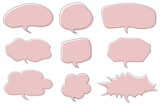 手描き風のピンク色の吹き出し9種類セット イラスト素材 / Set of nine pink hand-drawn speech bubbles, comic and communication elements