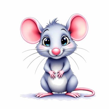 Cute cartoon baby mouse character with big eyes isolated on white background