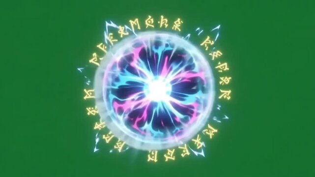 Energy Ball Explosion with Electric Lightning and Shockwave on Green Screen Background.