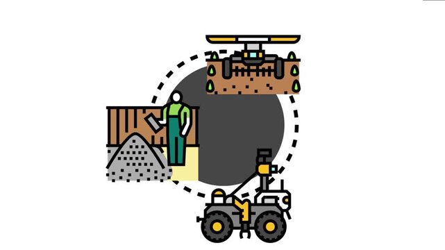 Automated landscaping border design concept modern technology and future innovations for gardening, using various tools and a worker setting up decorative elements and irrigation