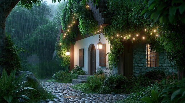 Cozy cottage nestled in lush greenery during a soft rain shower with warm string lights illuminating the path