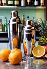 Fototapeta premium Cocktail preparation and mixology, bar shakers with fresh fruit and ice on a counter with liquor bottles