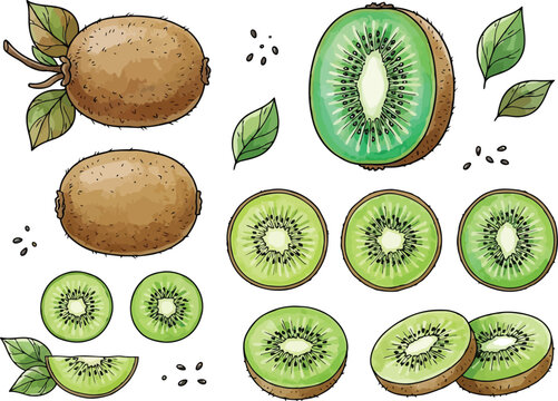 Set of fresh kiwi fruit whole and sliced pieces hand drawn illustration
