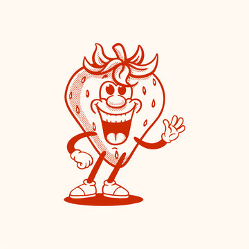 Cute retro strawberry mascot character in vintage 1930s rubber hose cartoon style. Vector illustration of funny tropical fruit mascot for logo, sticker, or t-shirt design.