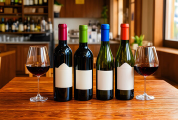 Naklejka premium Wine tasting and selection, red wine bottles with blank labels and glasses on a wooden table in a restaurant