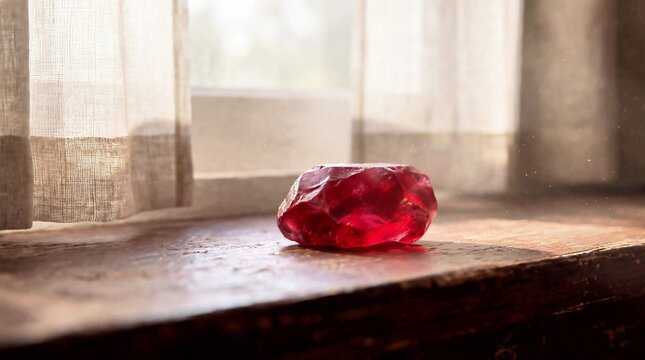 A close-up photograph capturing a large, uncut, deep red ruby gemstone resting on a worn, dark wooden windowsill. Soft natural sunlight streams through sheer white linen curtains in the background, 