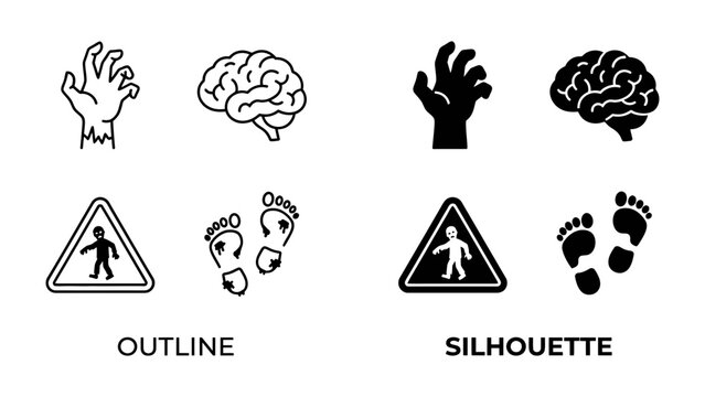 Zombie Icons Set: A graphic resource featuring stylized icons of a zombie hand, brain, walking symbol, and footprints.