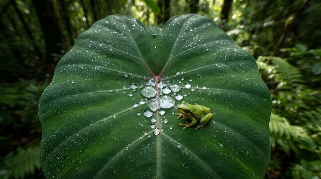 Tiny green frog resting on a large taro leaf covered with sparkling morning dew drops in a lush tropical rainforest environment