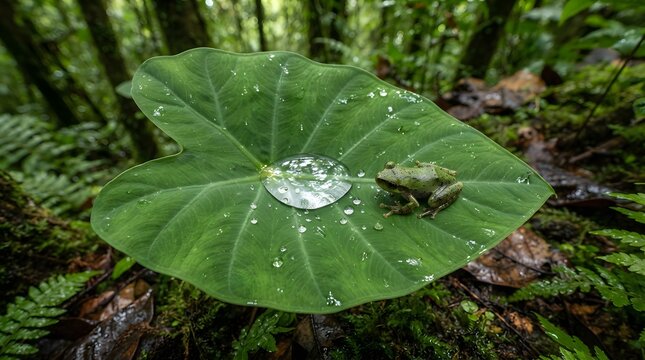 Tiny frog resting on a dew-kissed leaf in a lush green rainforest