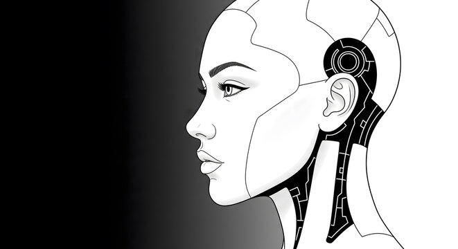 A black and white vector illustration showing the profile of a humanoid robot head with intricate circuit patterns.