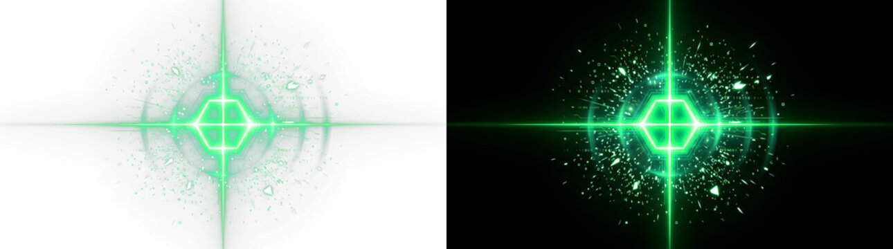 Glowing green digital energy explosion featuring a geometric hexagonal core with streaming binary code particles displayed on transparent background