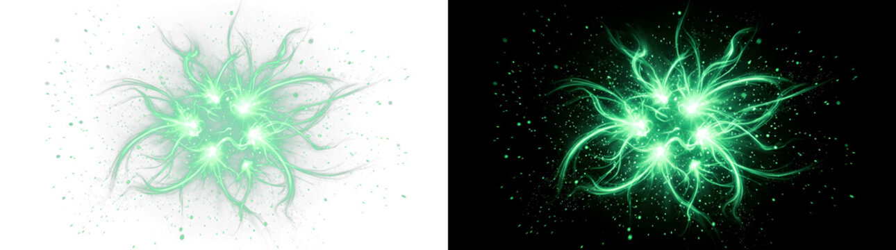 Glowing green light explosion with swirling energy particles and dynamic abstract magic sparks rendered in bright neon colors on transparent background