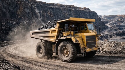 Fototapeta premium Heavy Duty Yellow Mining Dump Truck Carrying Coal in Open Pit Mine