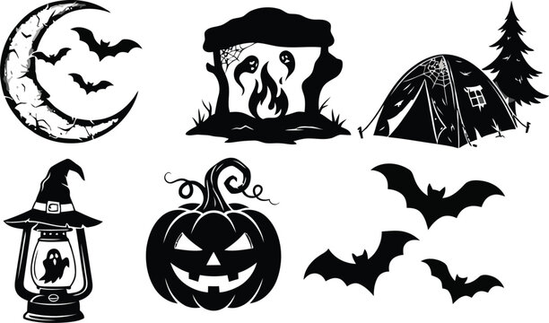 Spooky Camping and Halloween Elements Black Silhouette Vector Bundle