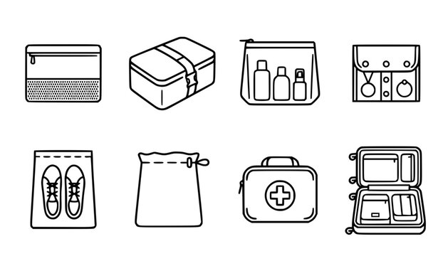 Travel Packing Organizer Line Icon Set with Luggage Cubes, Toiletry Bag, Shoe Pouch, First Aid Kit, and Suitcase Vector Symbols