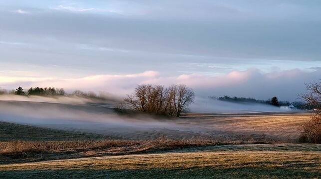 Golden sunrise mist rolls across a tranquil rural landscape with silhouetted trees and soft morning light