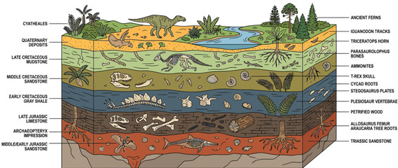 Cross-section of Earth layers showing dinosaur fossils and prehistoric life © Prowo