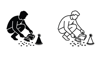 Fototapeta premium Post-Party Cleanup: A person kneels down, diligently sweeping up confetti and a party hat from the floor after a celebration, symbolizing the end of festivities and the return to order.