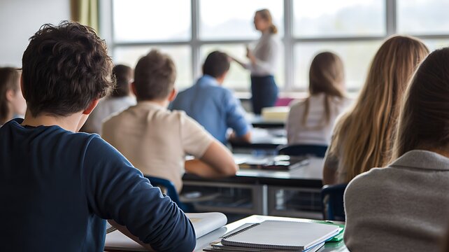 Students attending lecture in modern classroom with teacher presenting