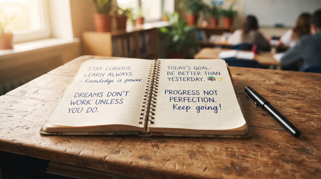 Open notebook with motivational quotes and a fountain pen on a wooden desk. Blurred students studying in the background. Concept of inspiration, education, and goal setting.