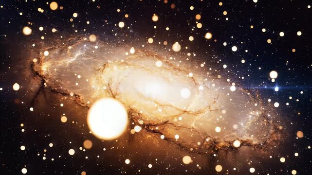Glowing spiral galaxy cluster drifting through dark infinite deep space void