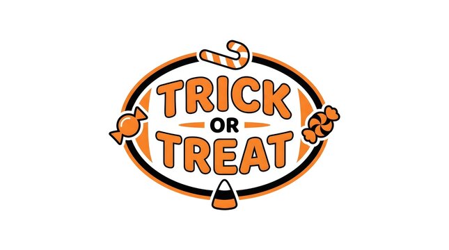 Trick or Treat Emblem with Candy Corn, Lollipops, and Candy Canes. Halloween Design, Festive Illustration