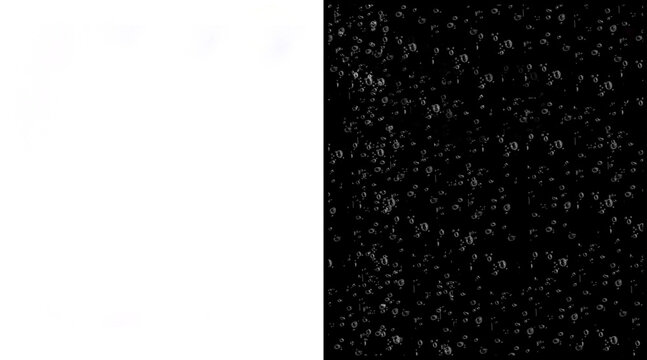 Abstract white dust particles on black background, floating snow texture overlay, grainy speckle pattern for cinematic design effects
