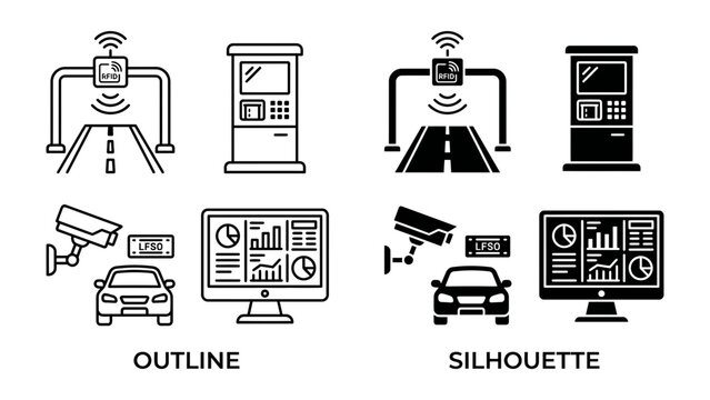 Smart Toll Booth and Traffic Monitoring System: Icons illustrating an intelligent toll collection system with security cameras, vehicle detection, and data analysis displays.
