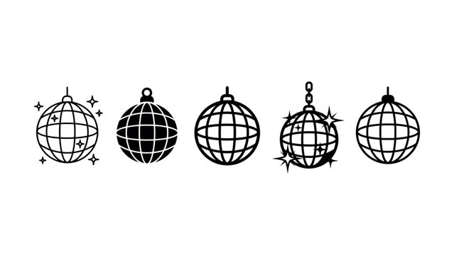 Set of five isolated disco ball icons in flat black style