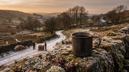 Naklejka premium Metal Mug on Mossy Stone Wall in Countryside Landscape