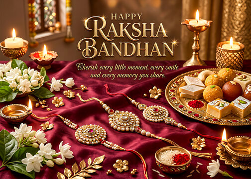 Royal Maroon Silk Raksha Bandhan Banner with Pearl Kundan Rakhis and Sweets Thali