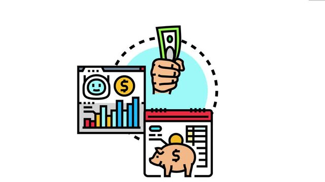 Hand making a recurring money deposit, linking financial planning, digital budgeting, and automated savings with a calendar and online banking interface for future wealth management