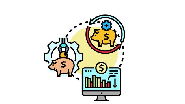 Automated savings deposits process showing a robotic arm placing money into a piggy bank, with financial planning and profit management tracking on a computer screen