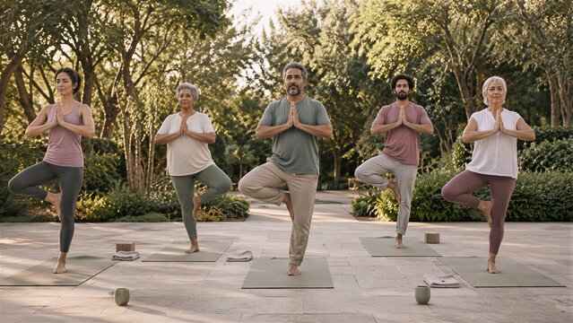 Diverse group of people in tree pose during outdoor yoga class. Mature woman, man and young adult practicing mindfulness and balance in park.