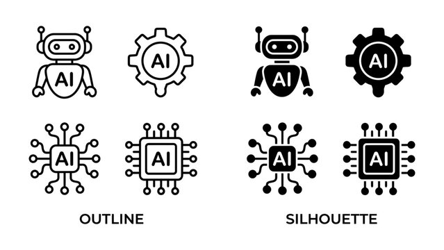 AI Icons Set: A collection of graphic representations of artificial intelligence, including robots, gears, and microchips, presented in both outline and silhouette styles.