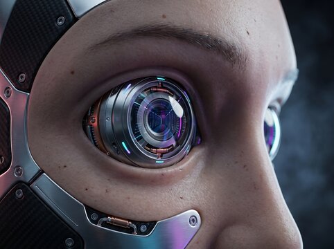 Macro closeup of a futuristic humanoid cyborg robotic eye with camera lens mechanics humanoid mechanical technology artificial intelligence