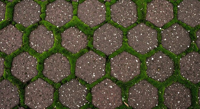 Paving stones with hexagonal pattern and green grass hexagonal concrete