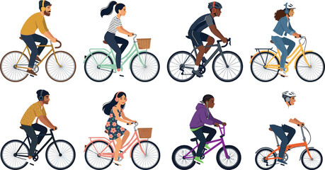 Fototapeta premium Diverse People Riding Bicycles Vector Set Featuring City Commuters, Road Cyclists, Leisure Bikers, and Folding Bike Riders in Flat Style