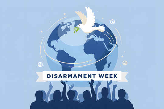 Flat of a globe with a dove flying above and a crowd of people raising their hands for disarmament week event