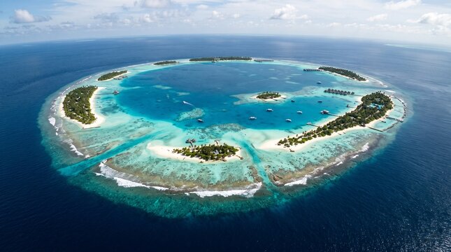 Stunning Aerial View of a Tropical Atoll Circular Coral Reef Island with Turquoise Lagoon and Lush Green Vegetation Surrounded by Deep Blue Ocean Waters