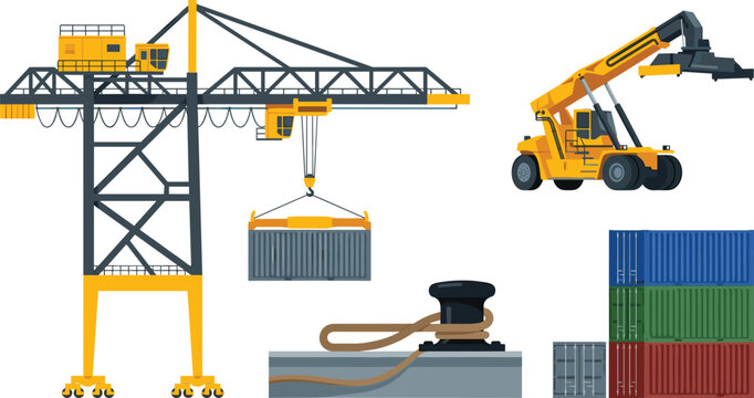 Commercial Port Terminal Vector Set Featuring Industrial Gantry Crane Reach Stacker Vehicle Stacked Cargo Containers and Dock Mooring Bollard