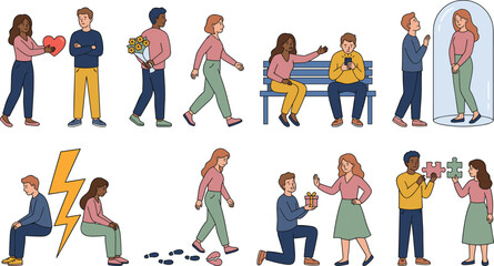 Fototapeta premium Relationship Psychology and Dating Problems Vector Character Set with Broken Heart, Unrequited Love, Emotional Isolation, Separation, and Breakup Concepts