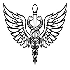 Fototapeta premium Minimalist black and white snake caduceus medical symbol with wings and staff vector illustration