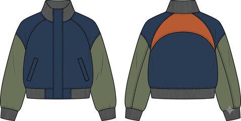 Unisex colorblock bomber jacket technical flat sketch vector template front and back view © Shefaly